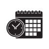 Calendar clock icon, in black and white