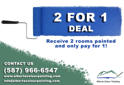 A paint roller rolling a blue colour, and in the blue colour it says: 2 for 1 deal, receive 2 rooms painted and only pay for 1