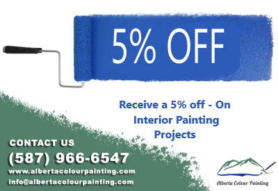 A paint roller rolling a blue colour, and in the blue colour it says: 5% Off, Receive a 5% off 0n interior painting projects