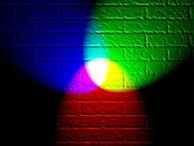 Three lights hitting a brick wall. The lights overlap on the wall, showing a mesh of colours just like a rainbow