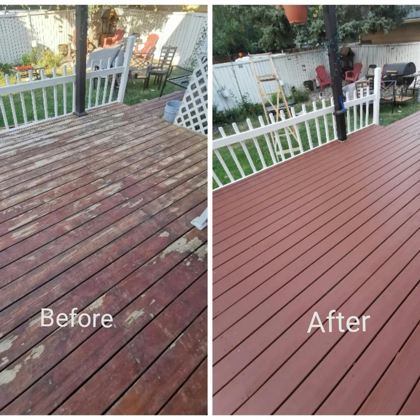 side bysmall image of a bigger  worn out deck and the same deck after sanded and re-stained with a red toupe colour