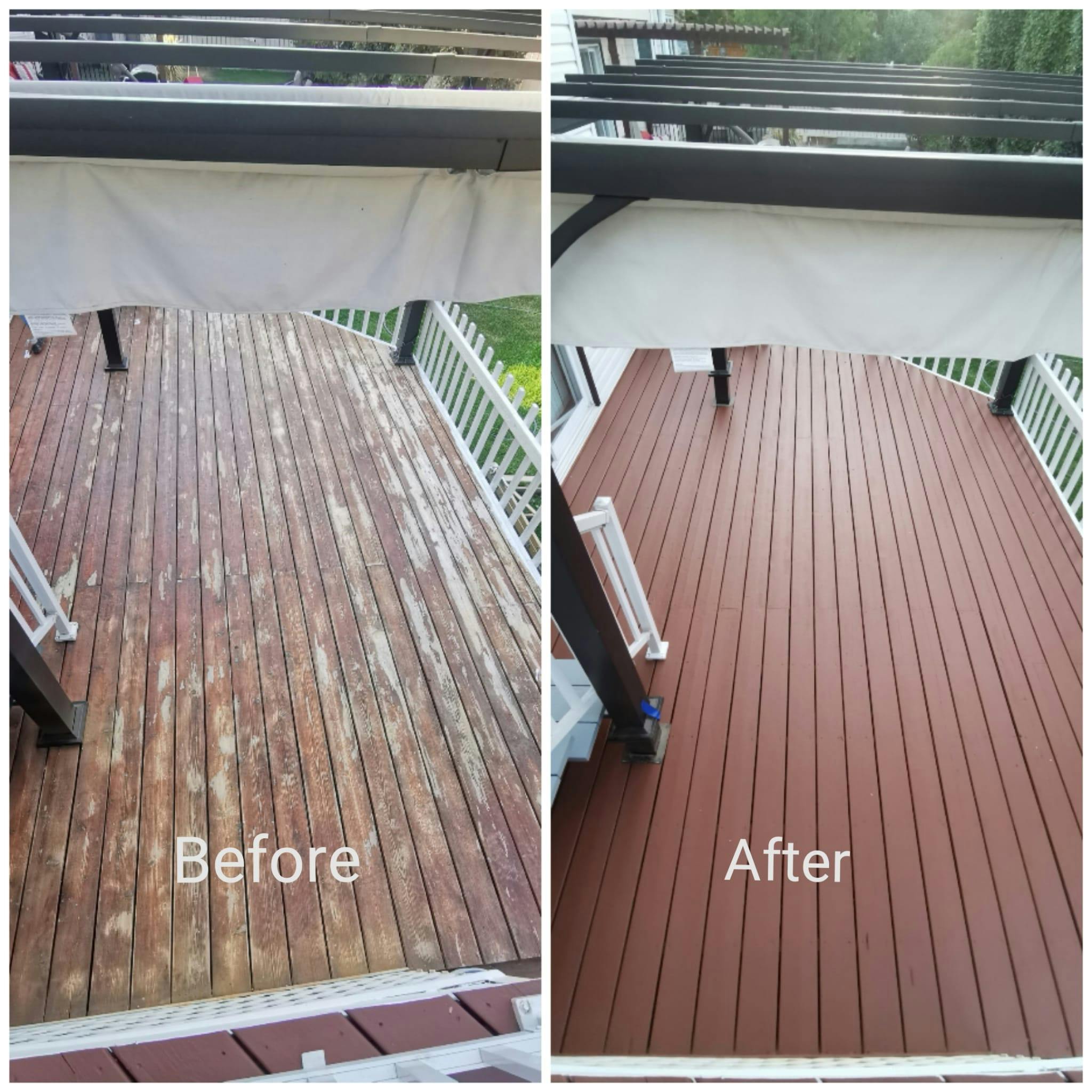 side bysmall image of a small  worn out deck and the same deck after sanded and re-stained with a red toupe colour